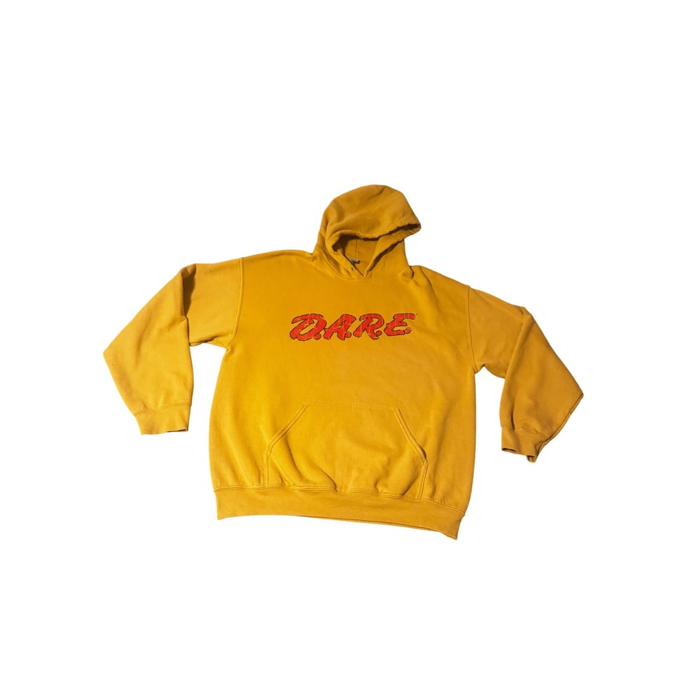 DARE Hoodie Mens Large Yellow Daren the Lion Keeping Kids Off Drugs Gildan L